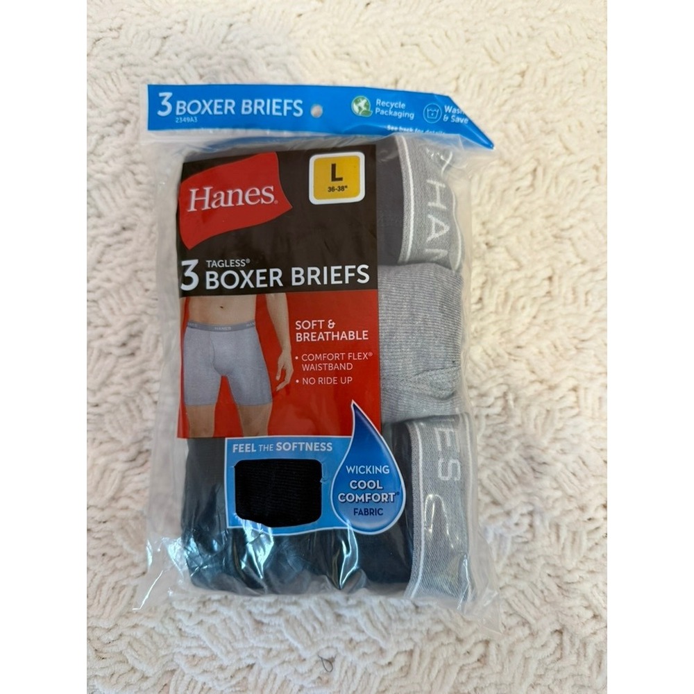 Hanes Mens 3 Pack Tagless Boxer Briefs Size L 36-38 Comfort Flex Waistband Black